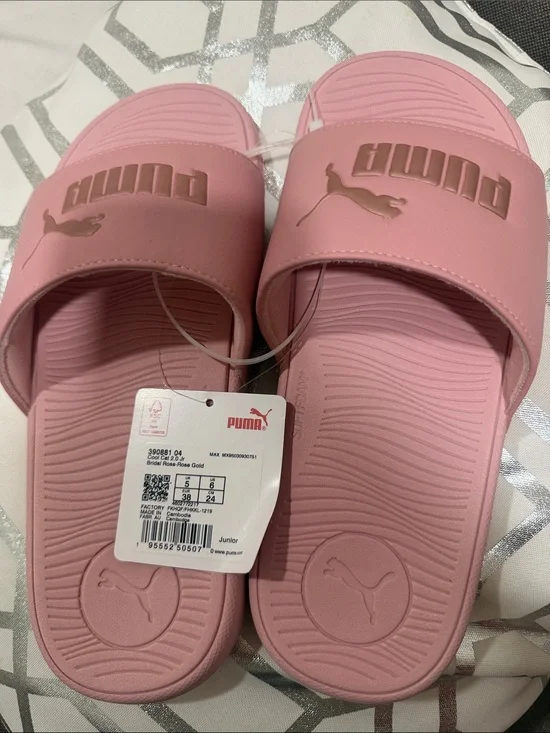Puma Pink Slides with Rose Gold Logo
