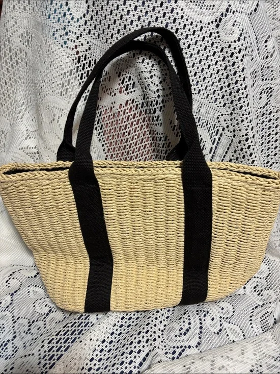 Straw Tote Bag with strong Black double Handles - Natural