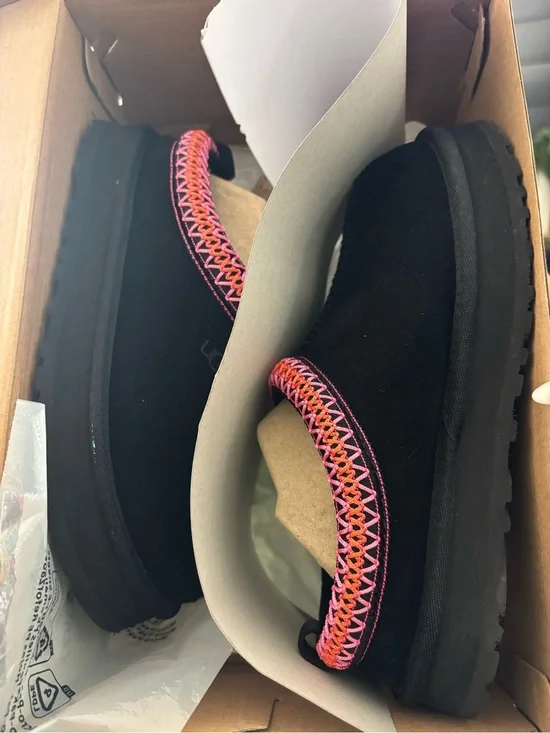 UGG Kids Black Slip-On Slippers with Pink and Orange Trim