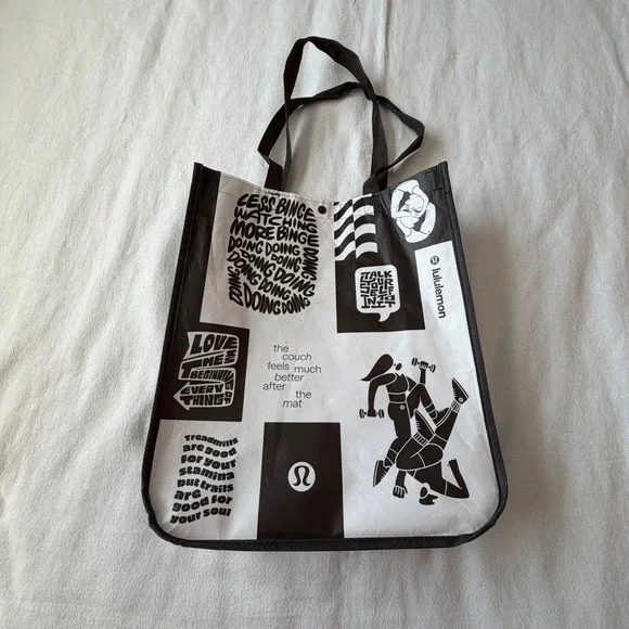 Lululemon Reusable Tote Bag Black White Graphic Print Medium Shopping Gym Bag