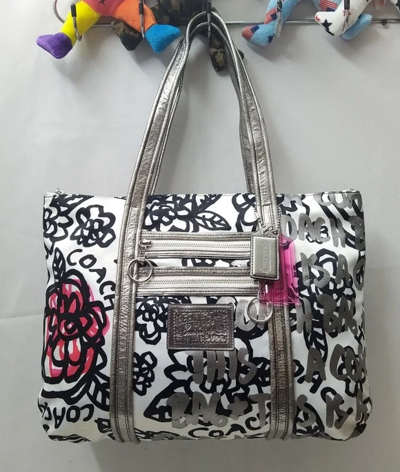 Coach Poppy Multicolor Satin Leather Trim Zipper Pocket Tote Shoulder Bag