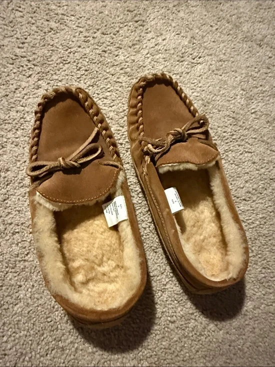 L.L. Bean Kids Brown Suede Shearling-Lined Moccasin Slippers