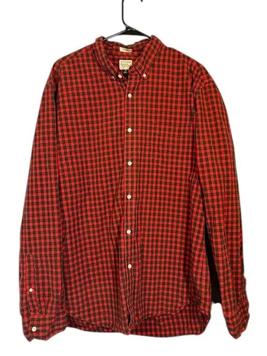 J. Crew Red Green Plaid Long Sleeve Collared Cotton Button Down Shirt Men Sz XL