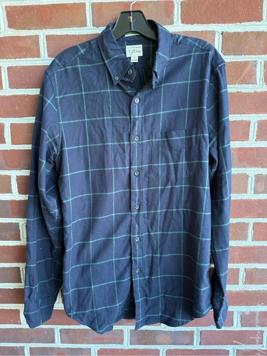 J. Crew Men’s Navy Blue Green Windowpane Plaid Flannel Long Sleeve Shirt Small