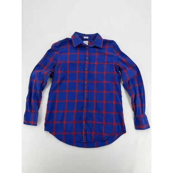 J.Crew Red Blue Plaid‎ Boy Fit Button-Up Shirt XS Cotton