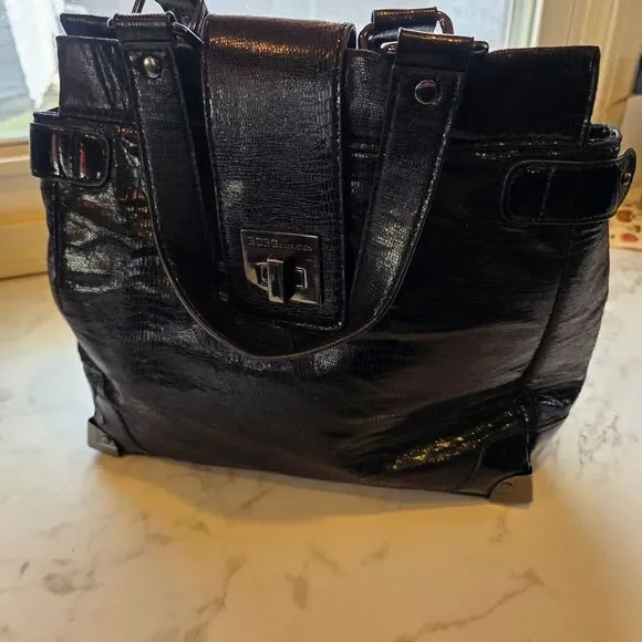 BCBGeneration Black Patent-Look Tote with Turn-Lock Detail