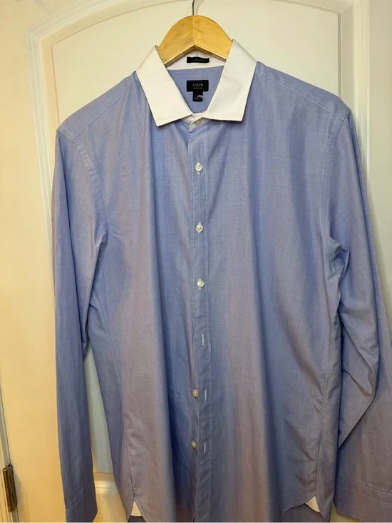 J. Crew 120’s 2 Ply Light Blue Dress Shirt with White Contrast Collar, size L