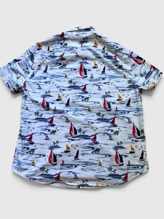 J.Crew Flex Washed Shirt Mens XL Slim Sailboat Tropical Print Short Sleeve