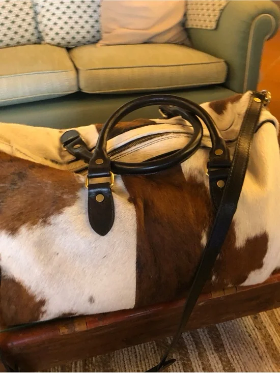 Italian Italy Brown and White Cowhide Leather Men’s Duffle Shoulder Bag