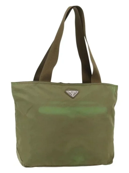 PRADA Tote Bag Nylon Khaki Silver Auth 175345
