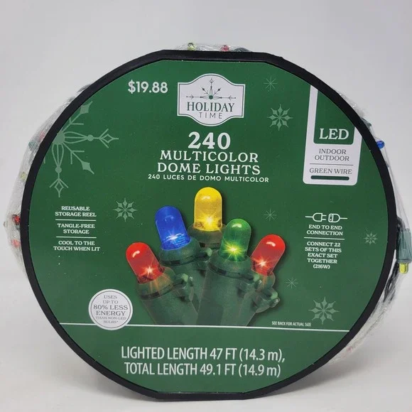 Holiday Time 240 LED Dome Multicolor Mini Lights Green Wire 64 FT Long I/Outdoor