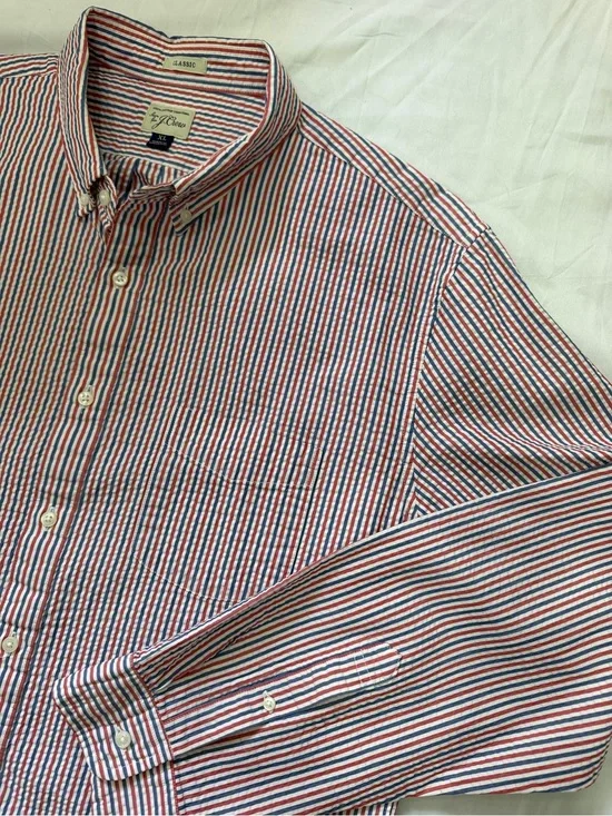 J. Crew Classic Fit Seersucker Button Down Longsleeve Red Blue White Striped XL