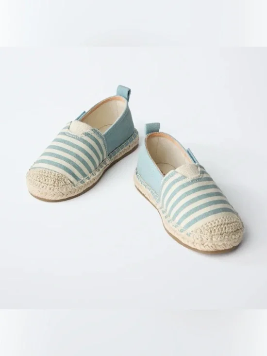 Zara Kids Striped Jute Slip-On Espadrilles in Light Blue and Cream