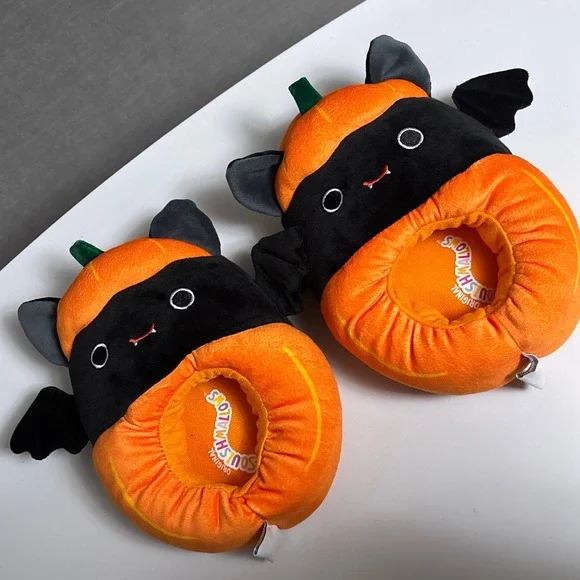 Squishmallows Slippers 2/3 Orange Black Pumpkin Bat Plush Halloween Cozy Shoes