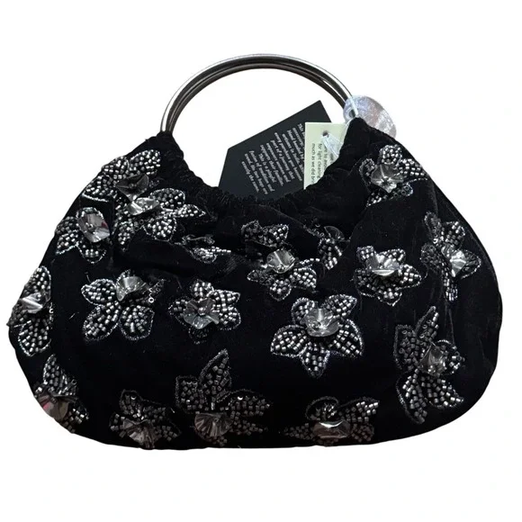 New Release Velvet Beaded Floral Black Chic Round Handle Small Tote Bag NWT