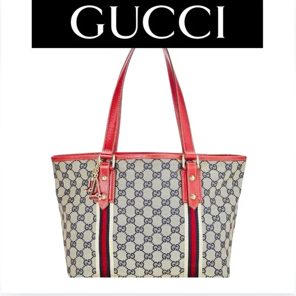 GUCCI Jolicoeur Navy/Red Striped Canvas w/Leather Golden Hardware & Charms, EUC
