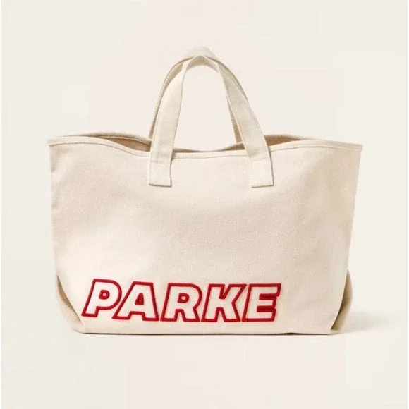 Parke Canvas Tote Bag Cream Red Embroidered Logo Large Travel Beach natural NWT‎