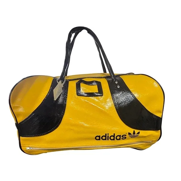 Vintage Adidas Trefoil Duffle Bag Yellow Black Vinyl Retro 70s 80s Travel Gym