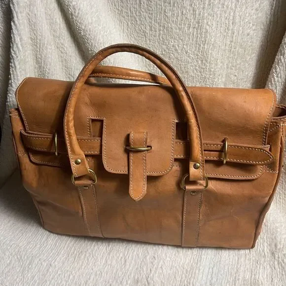 Classic Tan Leather Duffel travel weekender Bag gold tone hardwares