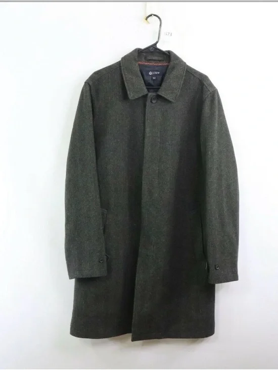 J. Crew Men’s Grey Wool Herringbone Westbourne Tweed Balmacaan Overcoat Large