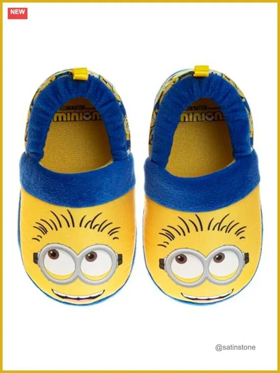 Minions Slippers Kids Plush Faux Fur Indoor House Shoes Slip-On Closed Toe