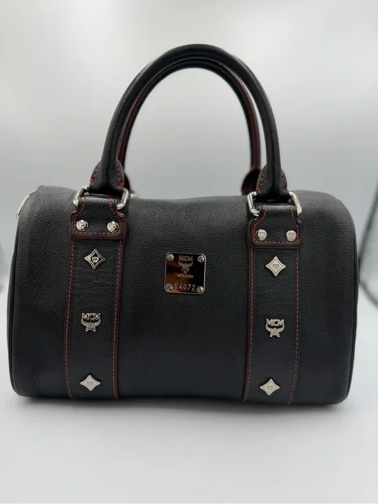 MCM Black Leather Boston Bag with Red Stitching (Pre Owned)