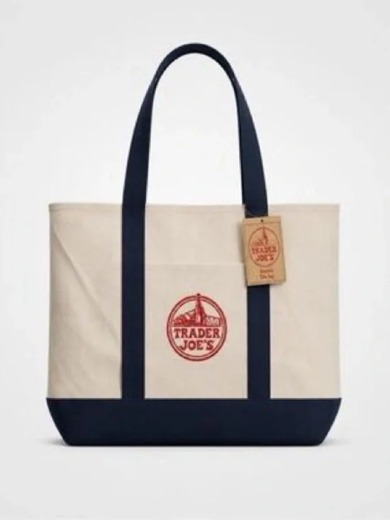 Trader Joes Large Canvas Tote Bag in Natural with Navy Trim