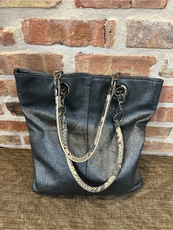 Metallic Black Tote with Snakeskin-Textured Chain Handles