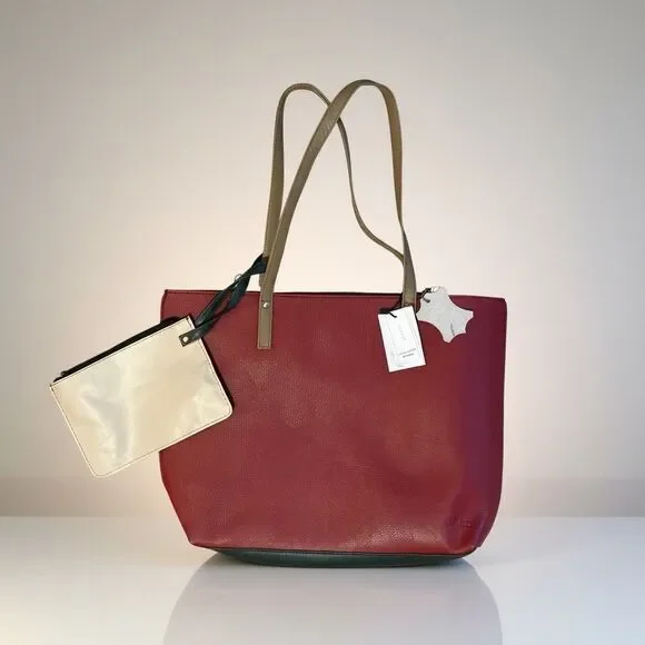 Soruka Recycled Leather Wendy Tote Bag Handmade Color Block Pouch Extra Strap