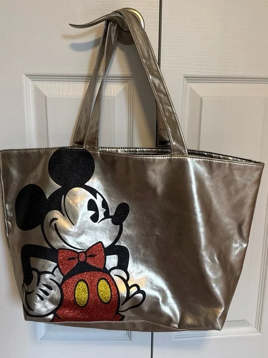 Authentic Disney Parks Metallic Silver Mickey Mouse Tote Bag 21”x13”x6