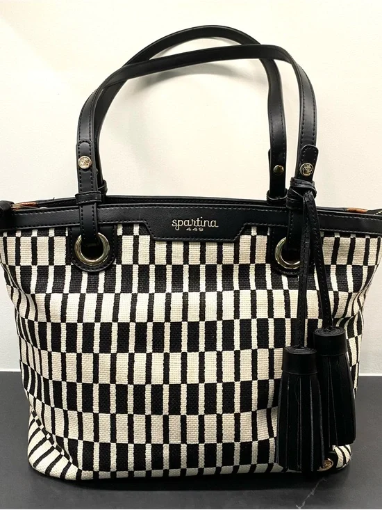 Spartina 449 Black & Cream Woven Check Tote with Tassels Linen/Leather