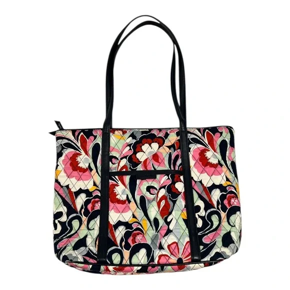 Vera Bradley Floral Quilted‎ Tote Bag Black Leather Trim Shoulder Bag