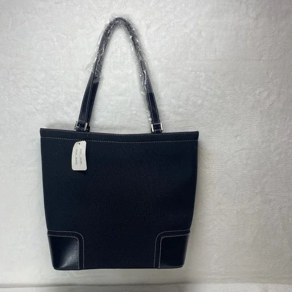 Black Canvas Leather Trim Tote Bag with Zippered Pockets‎ NWT Work Travel Casual