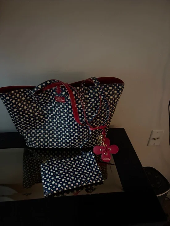Polo by Ralph Lauren Navy Geometric Tote with Pink Trim and Charm