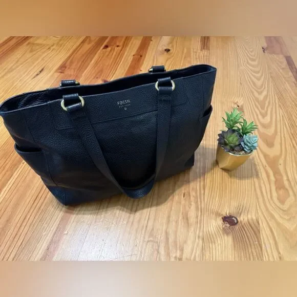 Fossil Issue No. 1984 Black Genuine Leather Satchel Purse Bag Messenger Bag