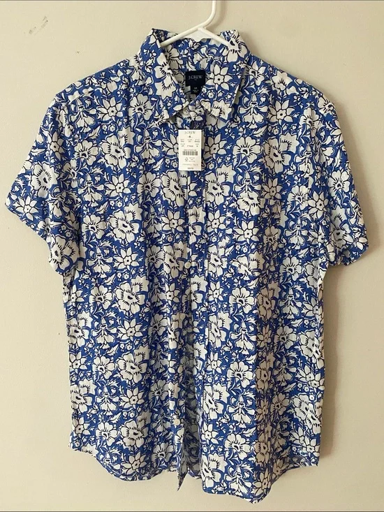 J. Crew 80%Linen Men’s Blue & White Floral Short-Sleeve Shirt