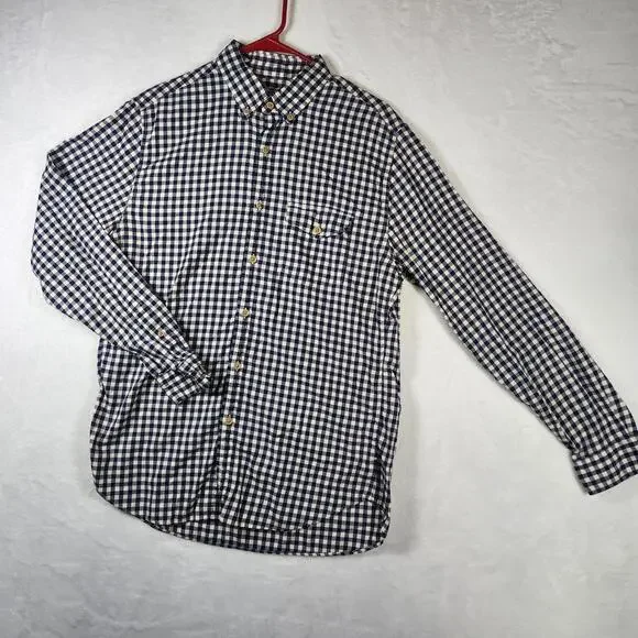 J.Crew M Navy White Gingham Button Down‎ Shirt Vtg Style 100% Cotton Tailored