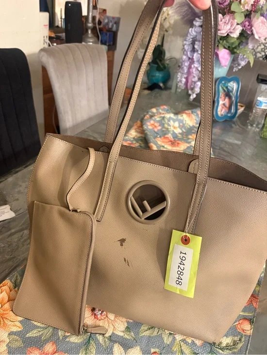 Fendi Taupe Leather Tote with Signature Round Logo