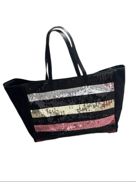 VS Love Victoria Black Canvas Weekender Tote – Pink Silver Gold Sequin Stripes
