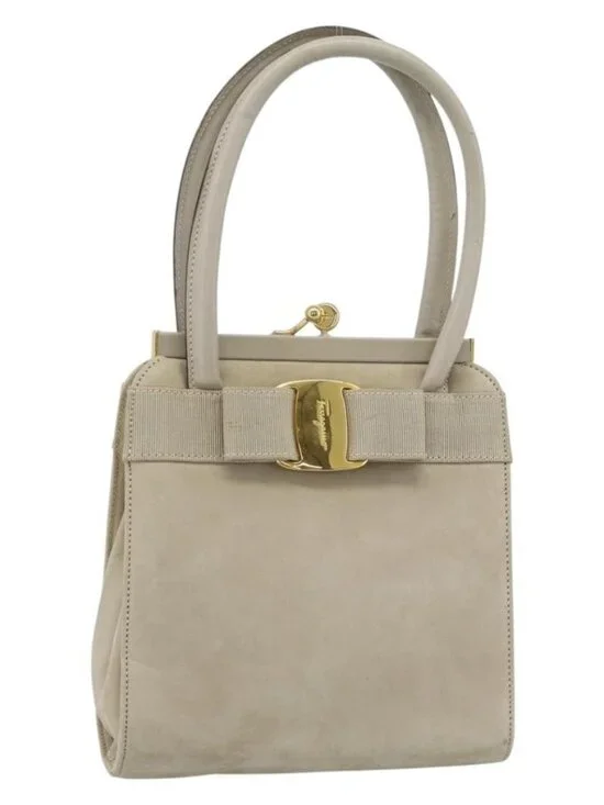 Salvatore Ferragamo Vala Hand Bag Suede Beige Gold Auth ka4791