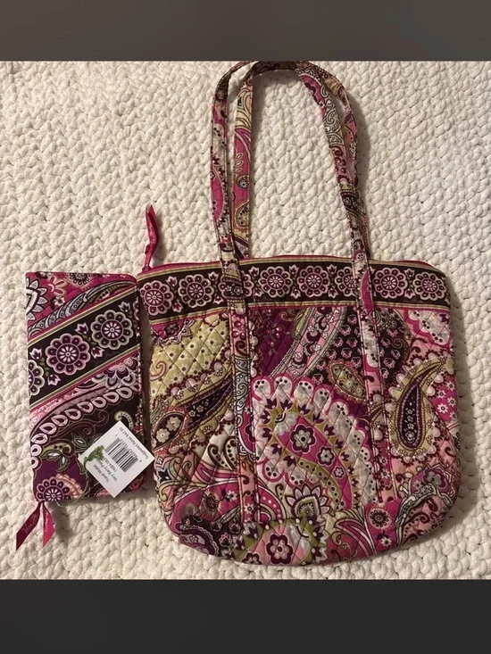Vera Bradley Pink Paisley Quilted Tote with Matching Wallet