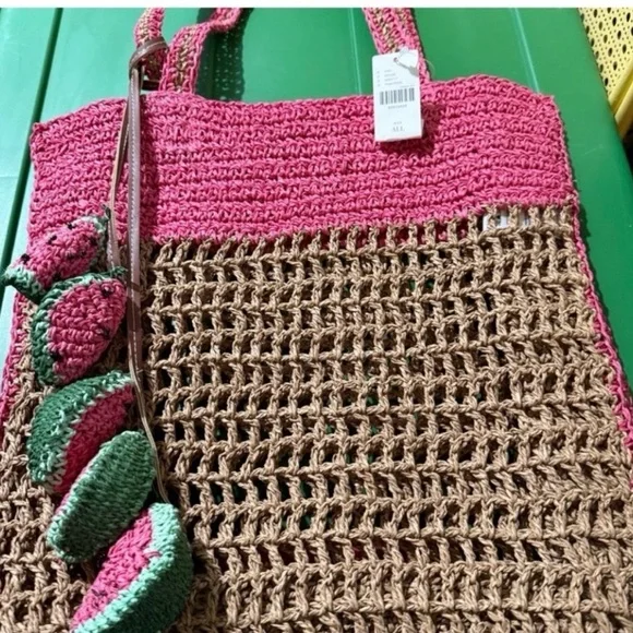 Anthropologie pink and Rafia purse, crochet watermelons add interest NWT Awesome