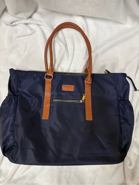 Navy Nylon Tote with Tan Handles