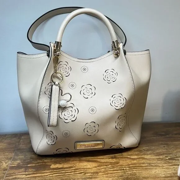 Marc New‎ York Andrew Marc Floral Laser Cut Tote Bag Cream Off White with Pouch