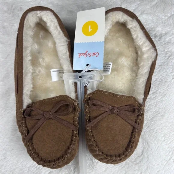 Cat and Jack Kids Brown Moccasin Slippers‎ Fuzzy Lined Bow Size 1 NWT