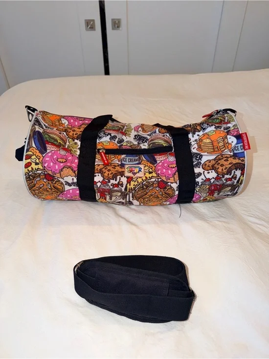 Food-Print Duffel Bag in Pink, White & Multicolor - Fashion Travel Tote