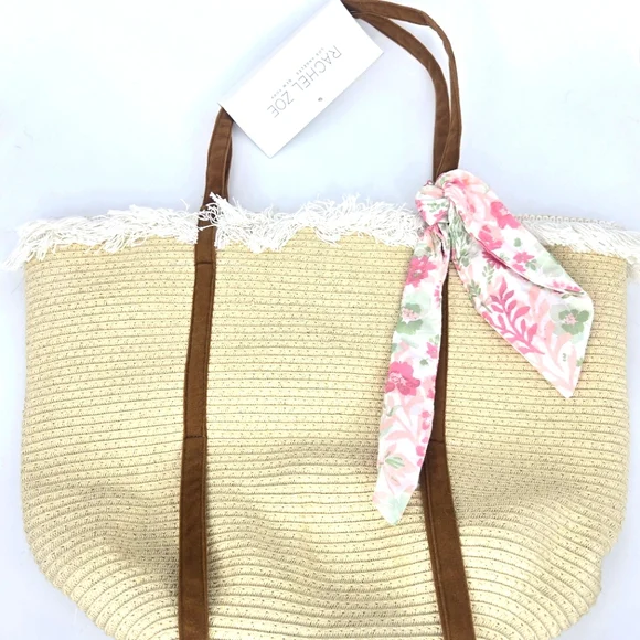 NWT Rachel Zoe Bohemian Woven‎ Raffia Fringe beach Tote Bag Tan Pink Floral bow