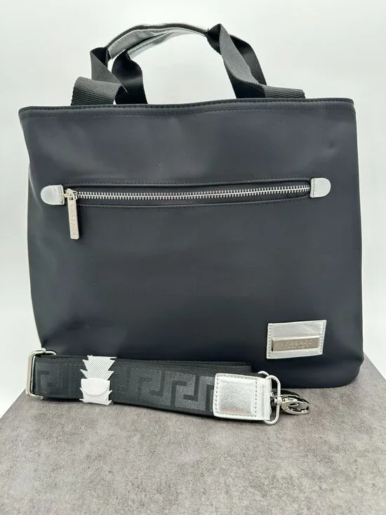Versace Parfums Nylon Canvas Fashion Tote Bag Detachable Strap Black/Silver Tone