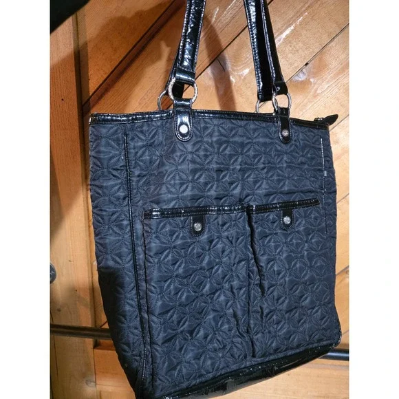 Vera Bradley Black Quilted Microfiber Tote Bag Patent Trim‎ Floral Lining