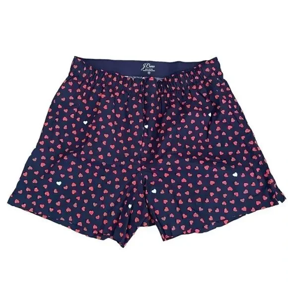 J Crew Mens Boxers Cotton Elastic Waist Heart Navy Red SZ M